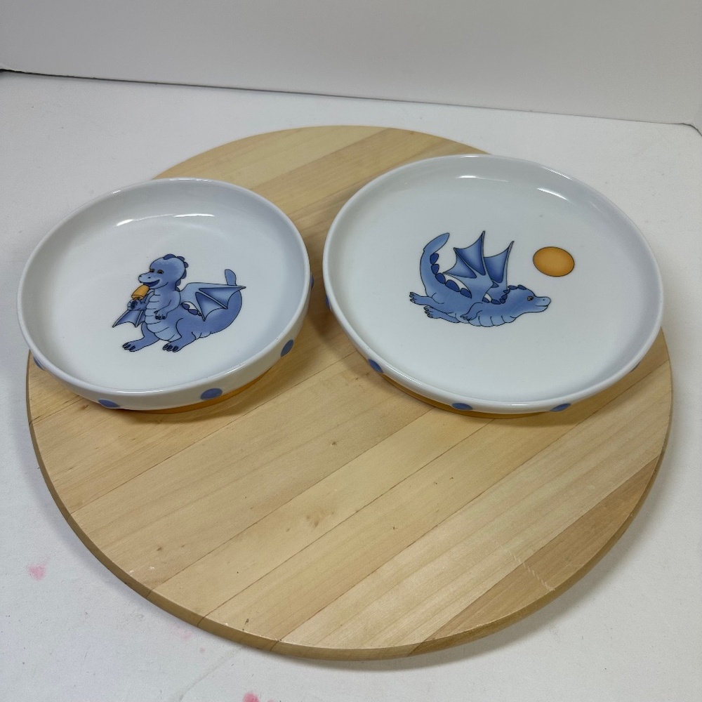 Vintage IKEA SMASKIG Childs Bowl & Plate Set Dragon Purple Yellow 1999 16558